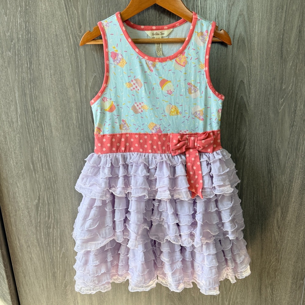 Matilda Jane Ruffle Dress Girls 6 Blue Purple Cupcake Polka Dot Whimsy Birthday